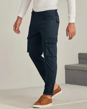 men slim fit flat front cargo trousers with insert pockets