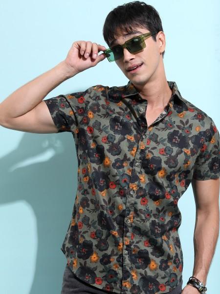 men slim fit floral print cut away collar casual shirt