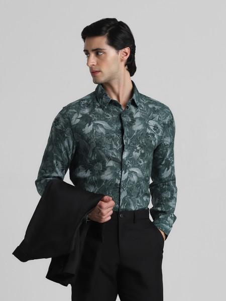 men slim fit floral print spread collar casual shirt