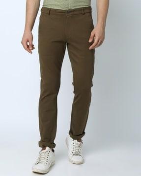 men slim fit front-flat trousers