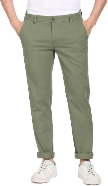 men slim fit green cotton blend trousers