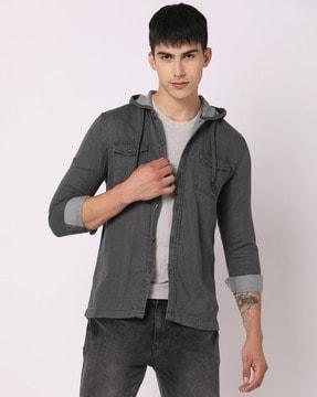 men slim fit hooded shirt with flap pockets