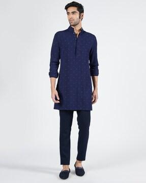 men slim fit long kurta with mandarin collar