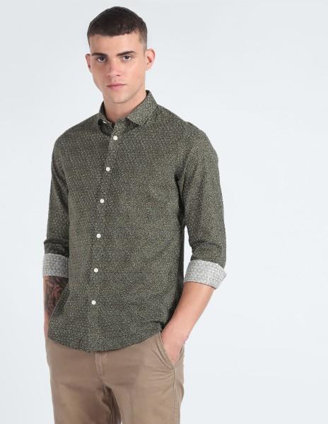 men slim fit printed cut away collar casual shirt