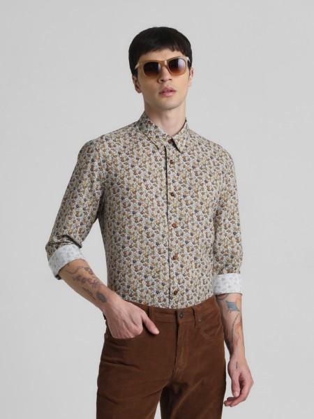 men slim fit printed spread collar casual shirt