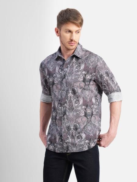 men slim fit printed spread collar casual shirt