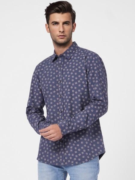 men slim fit printed spread collar casual shirt