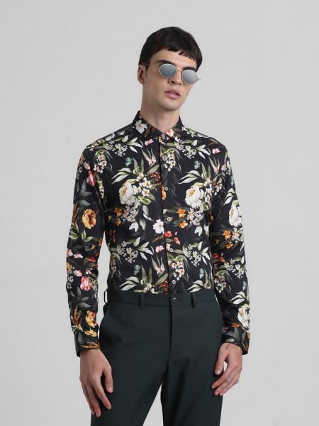 men slim fit printed spread collar casual shirt