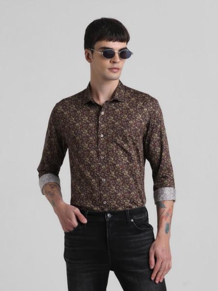 men slim fit printed spread collar casual shirt