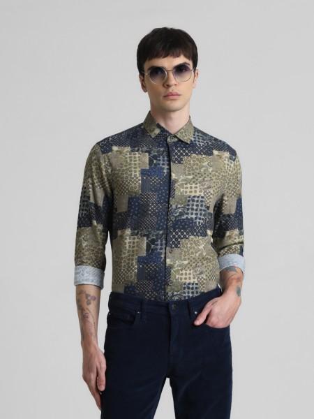 men slim fit printed spread collar casual shirt