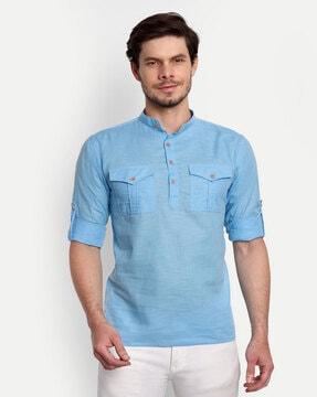 men slim fit short kurta with roll-up sleeves