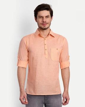 men slim fit short kurta with roll-up sleeves