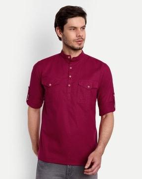 men slim fit short kurta with roll-up sleeves