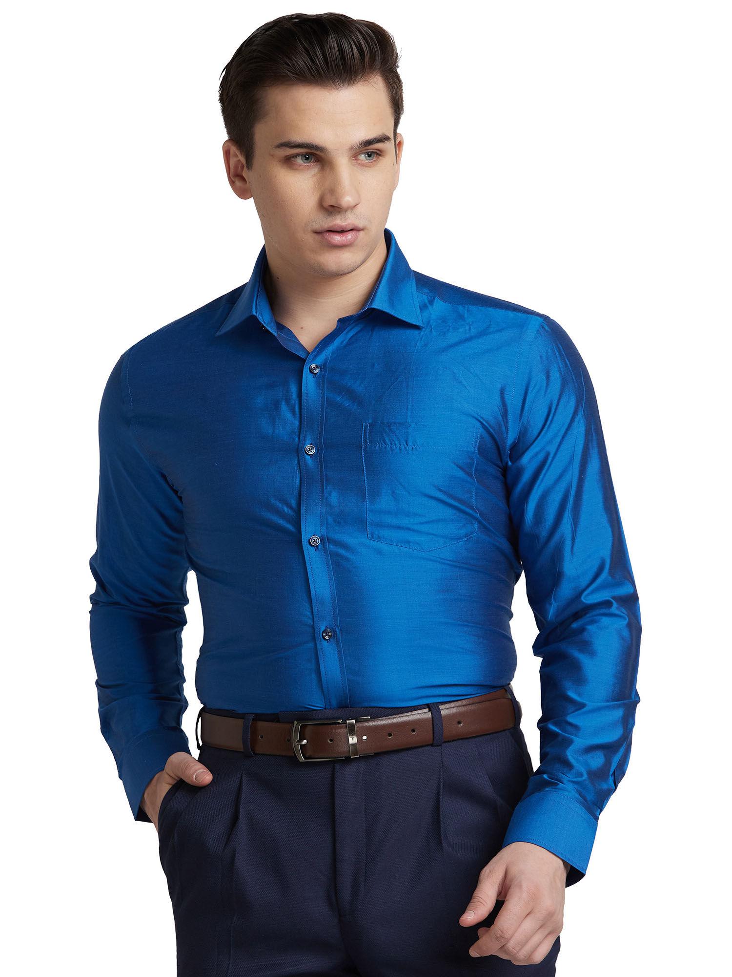 men slim fit silk solid blue formal shirt