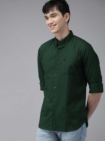 men slim fit solid button down collar casual shirt