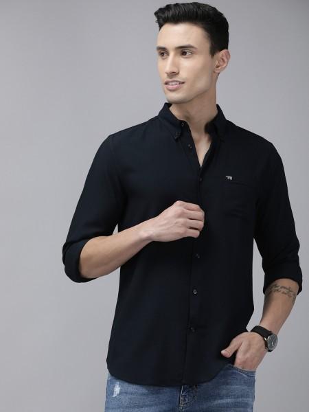 men slim fit solid button down collar casual shirt