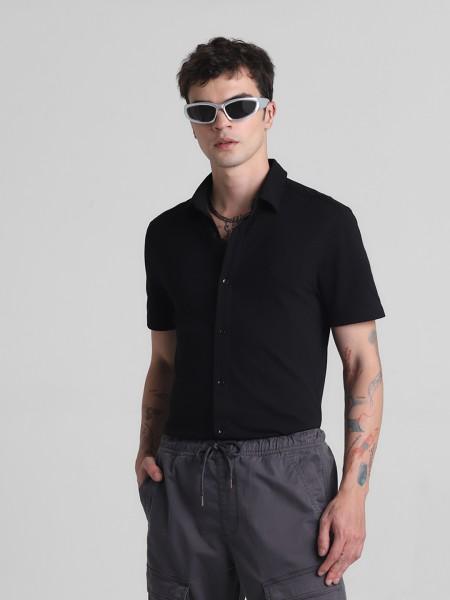 men slim fit solid spread collar casual shirt