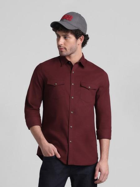 men slim fit solid spread collar casual shirt