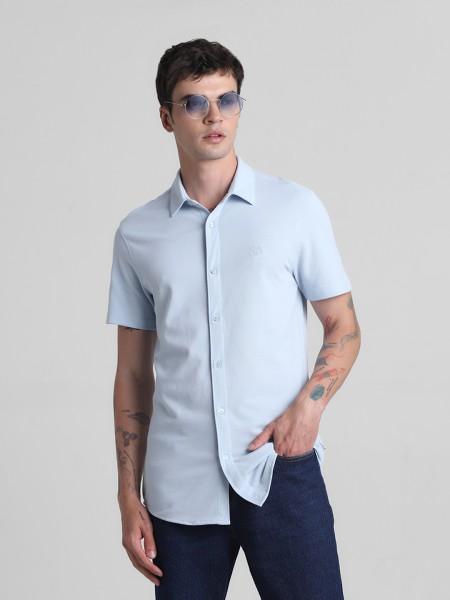 men slim fit solid spread collar casual shirt