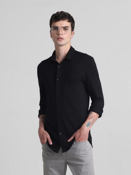 men slim fit solid spread collar casual shirt