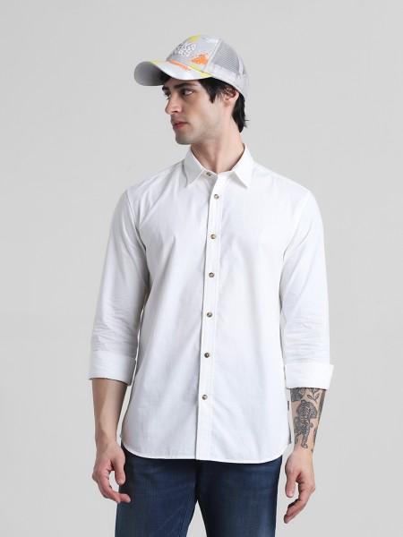 men slim fit solid spread collar casual shirt