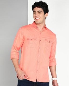 men slim fit spread-collar shirt