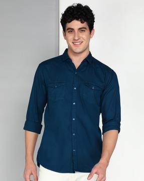 men slim fit spread-collar shirt