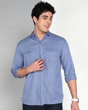 men slim fit spread-collar shirt