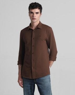 men slim fit spread-collar shirt