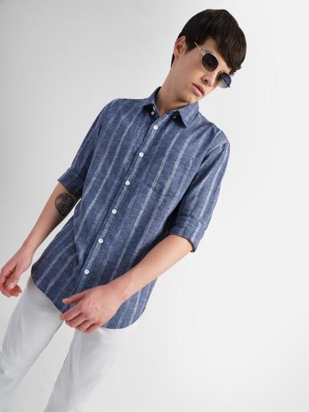 men slim fit striped spread collar casual shirt