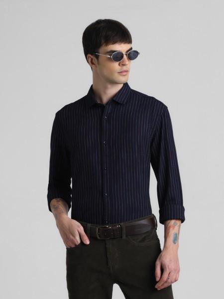 men slim fit striped spread collar casual shirt