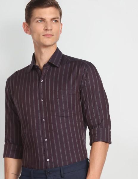 men slim fit striped spread collar casual shirt