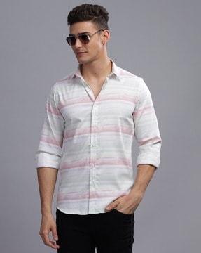 men slim fit striped spread-collar shirt