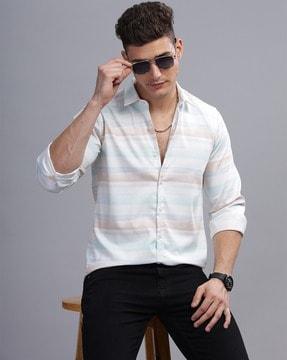 men slim fit striped spread-collar shirt