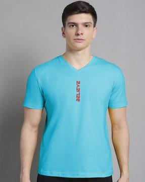 men slim fit typographic print v-neck t-shirt