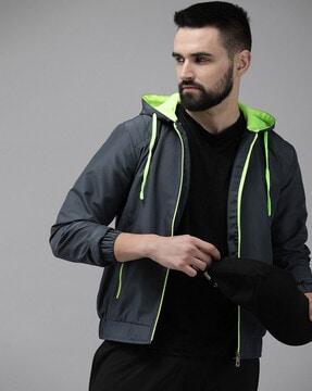 men slim fit zip-front hooded jacket