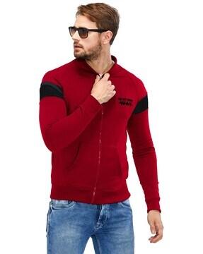 men slim fit zip-front jacket with split-kangaroo pocket