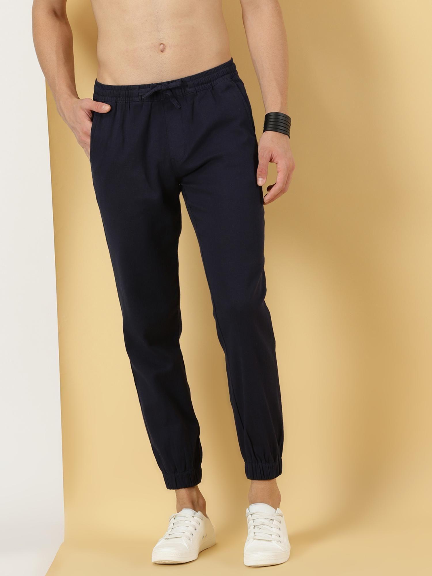 men smart cotton linen solid joggers