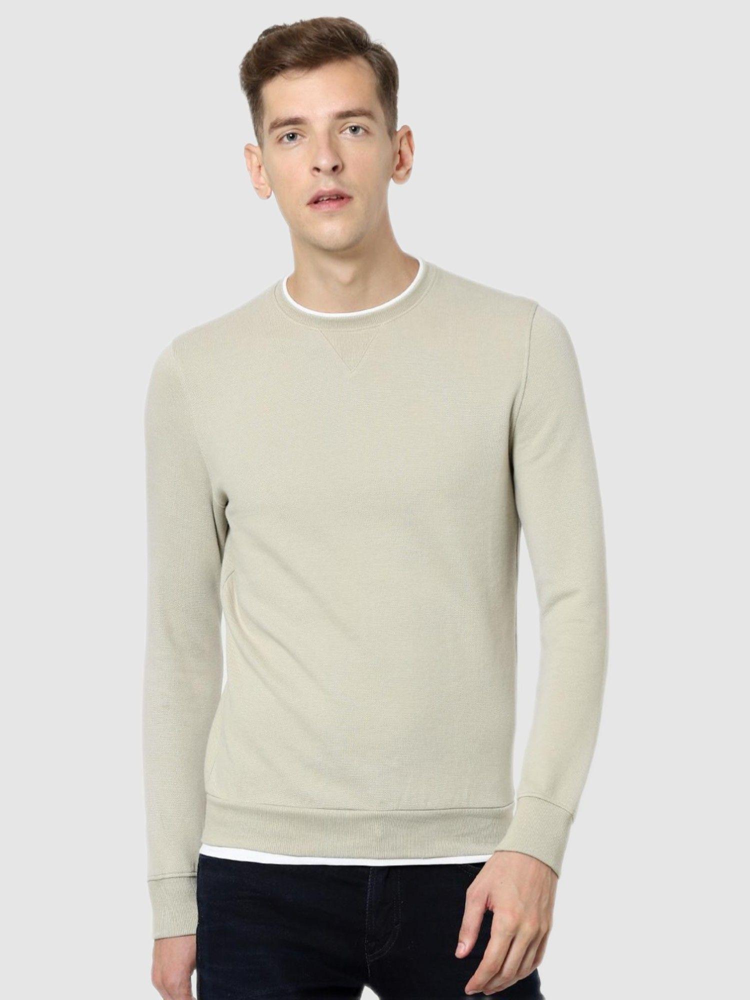 men solid beige regular sweatshirt