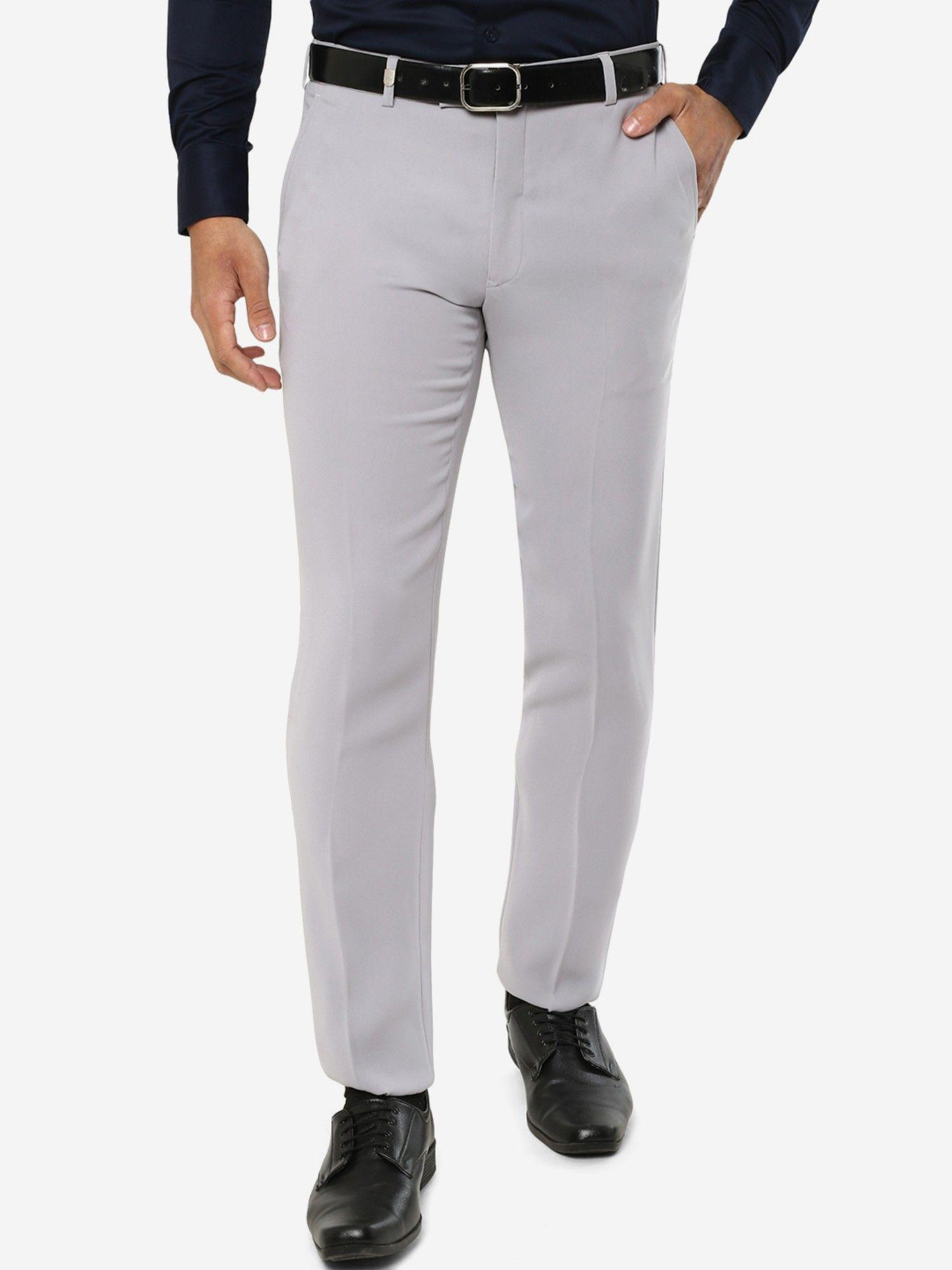 men solid beige terry rayon slim fit formal trouser