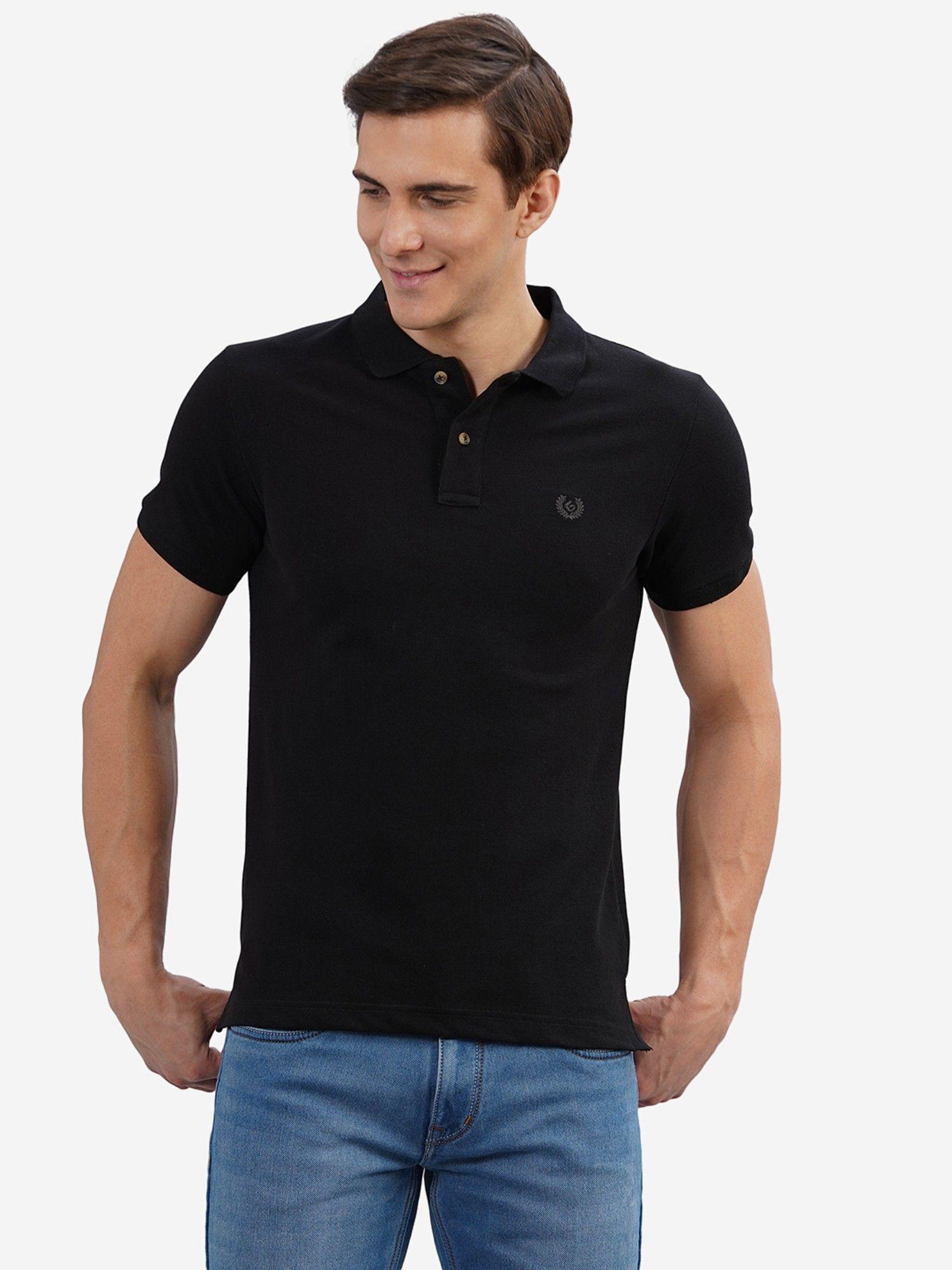 men solid black cotton blend slim fit polo t-shirt