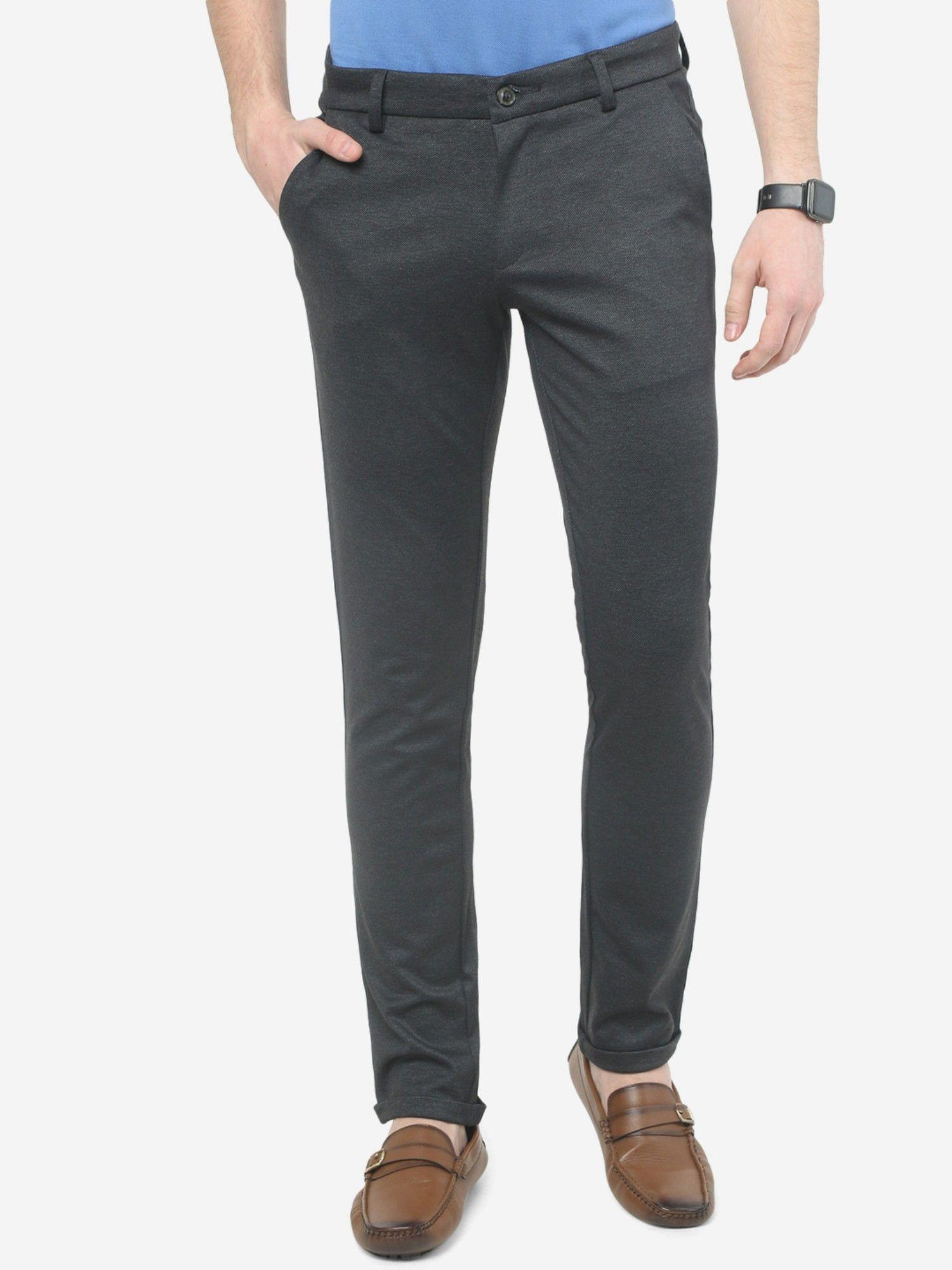 men solid black cotton blend venice fit casual trouser