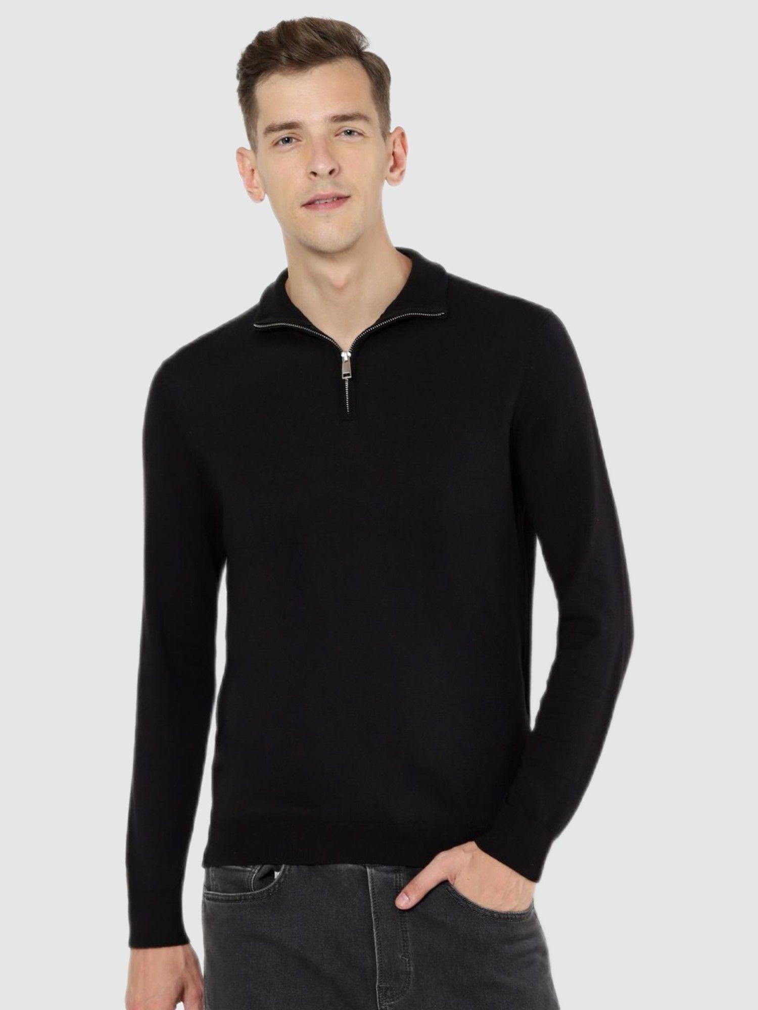 men solid black long sleeve sweater