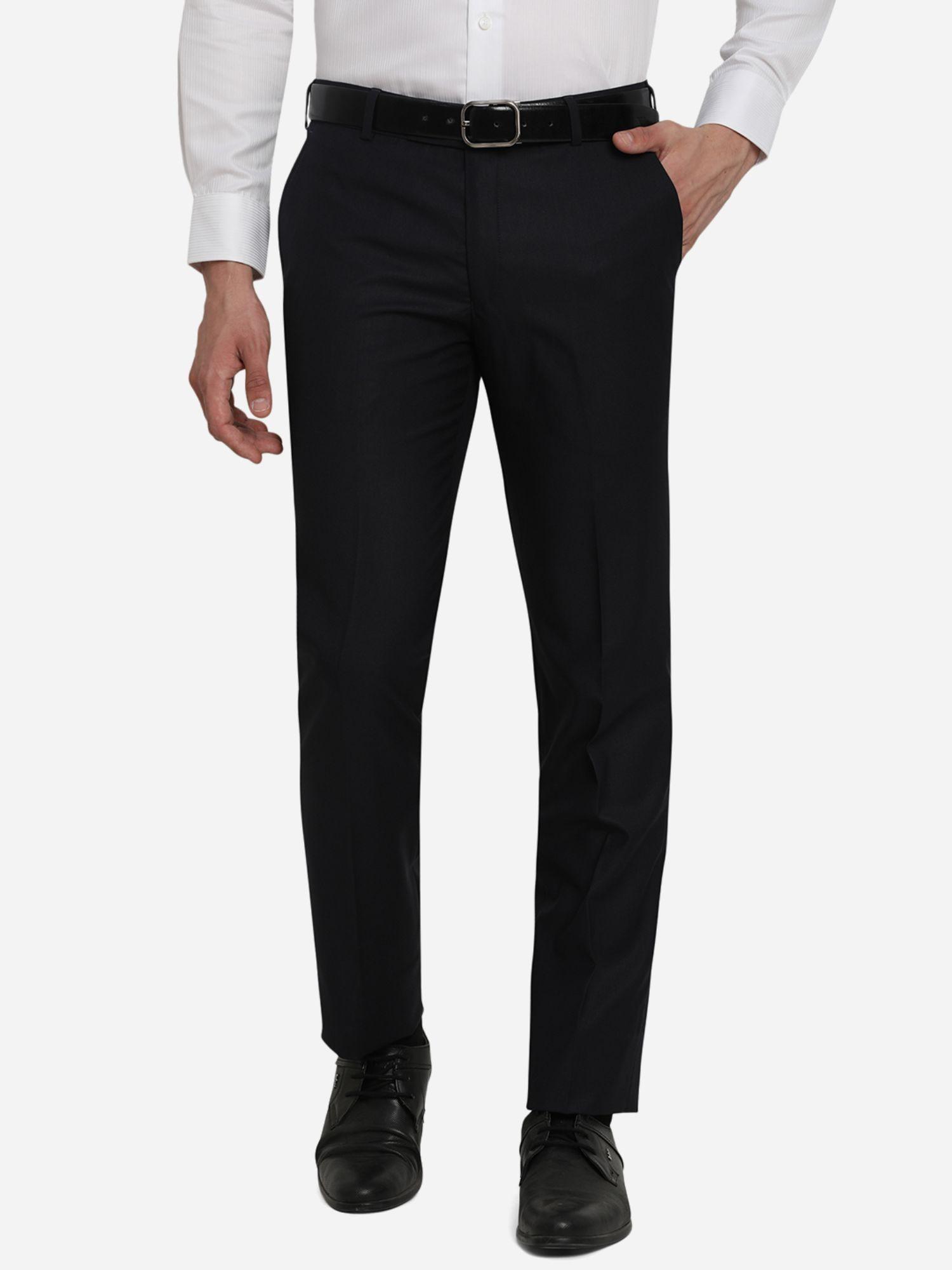 men solid black poly viscose slim fit formal trouser