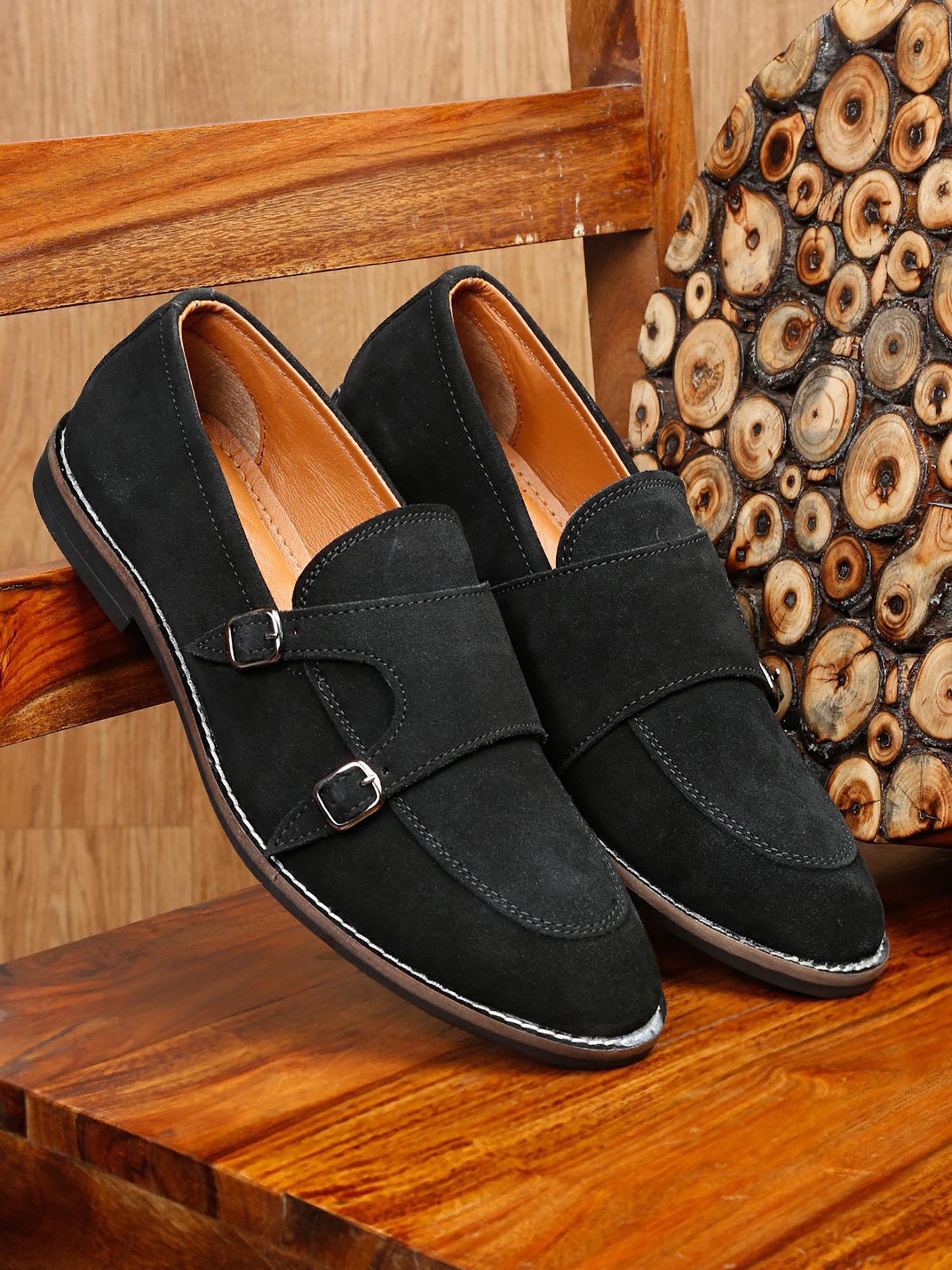 men solid black round toe monks