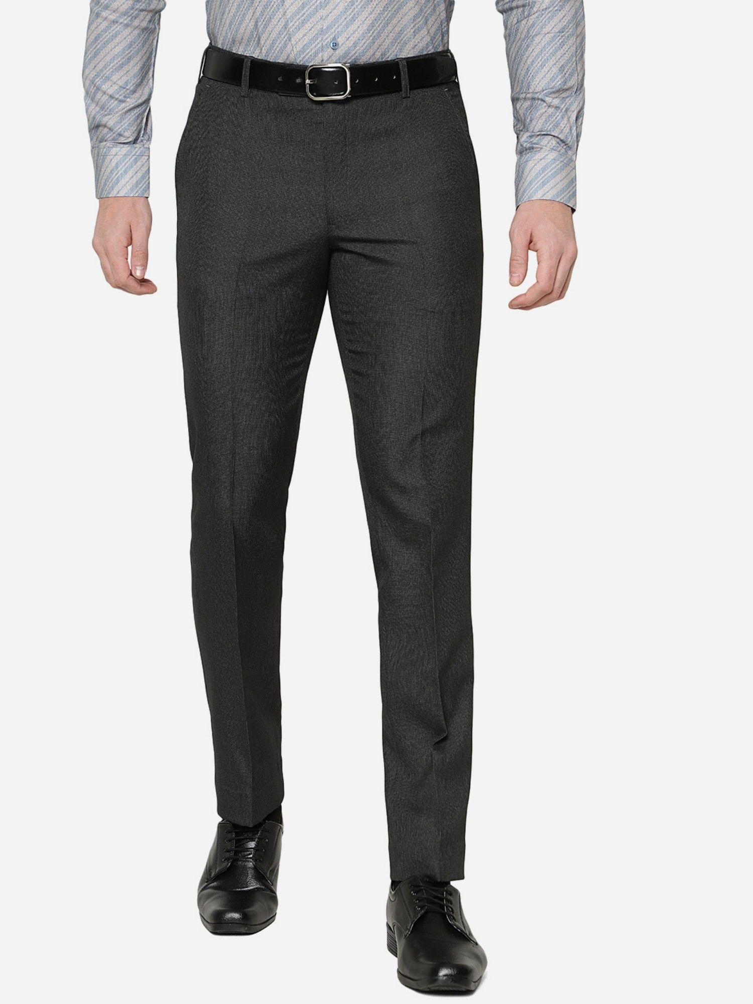 men solid black terry rayon slim fit formal trouser