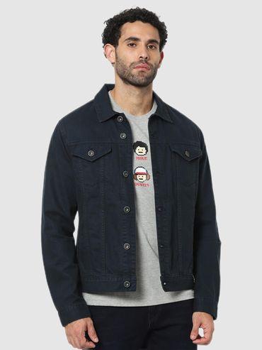 men solid blue cotton regular jacket