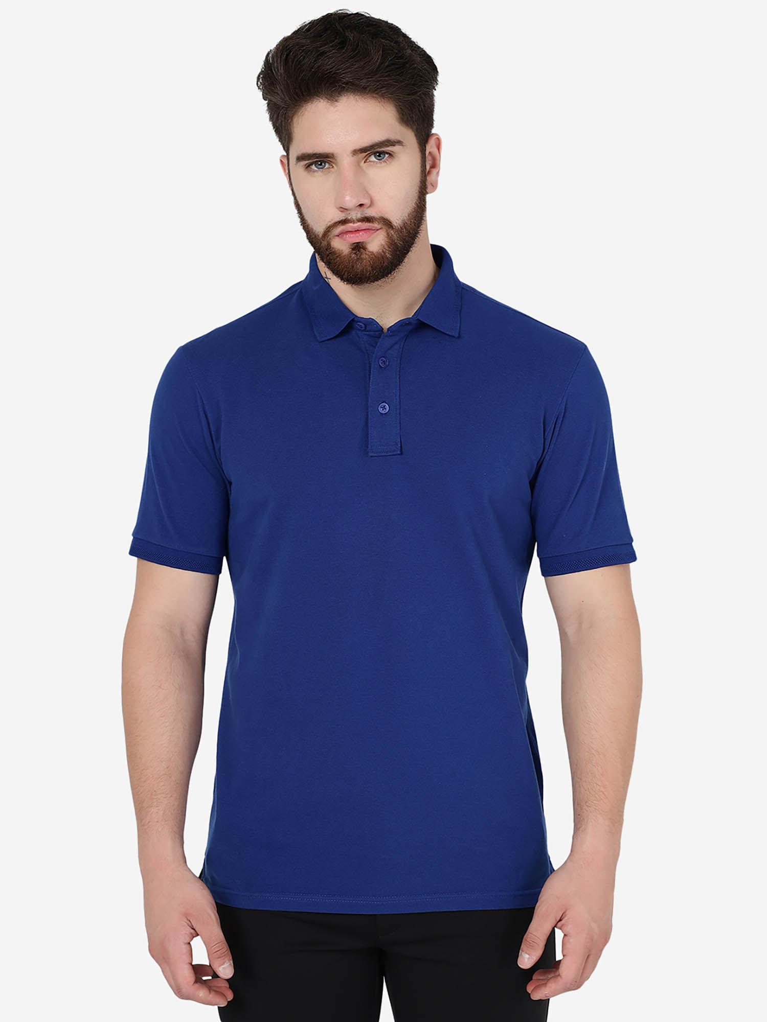 men solid blue cotton slim fit polo t-shirt