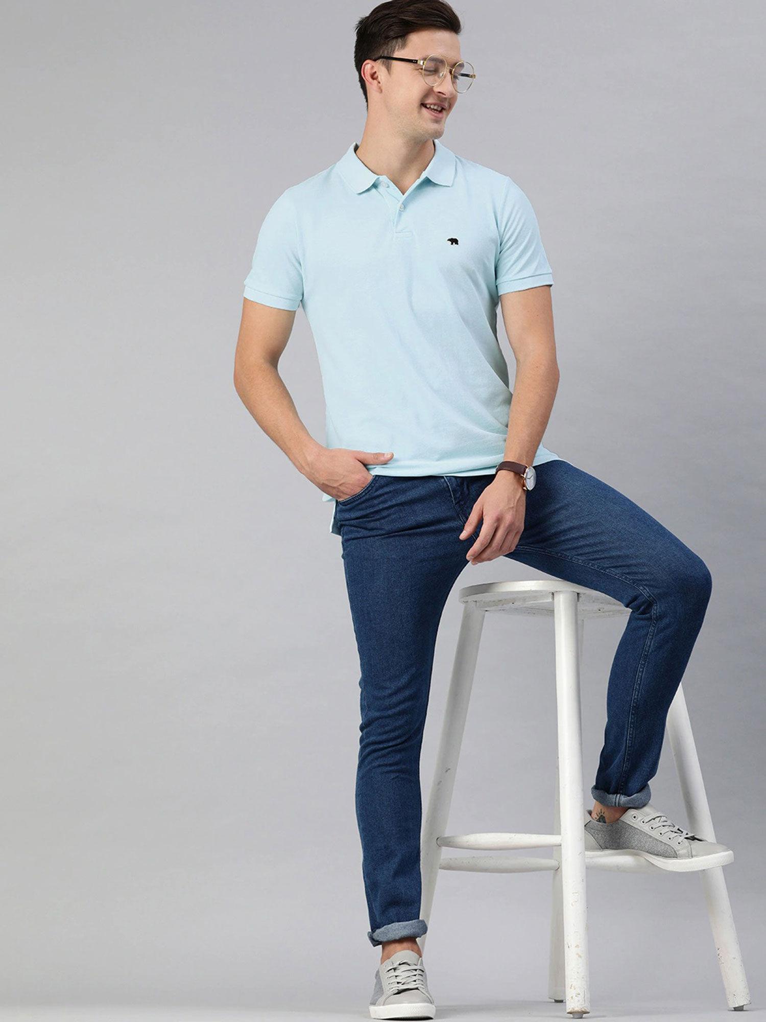 men solid blue polo collar t-shirt