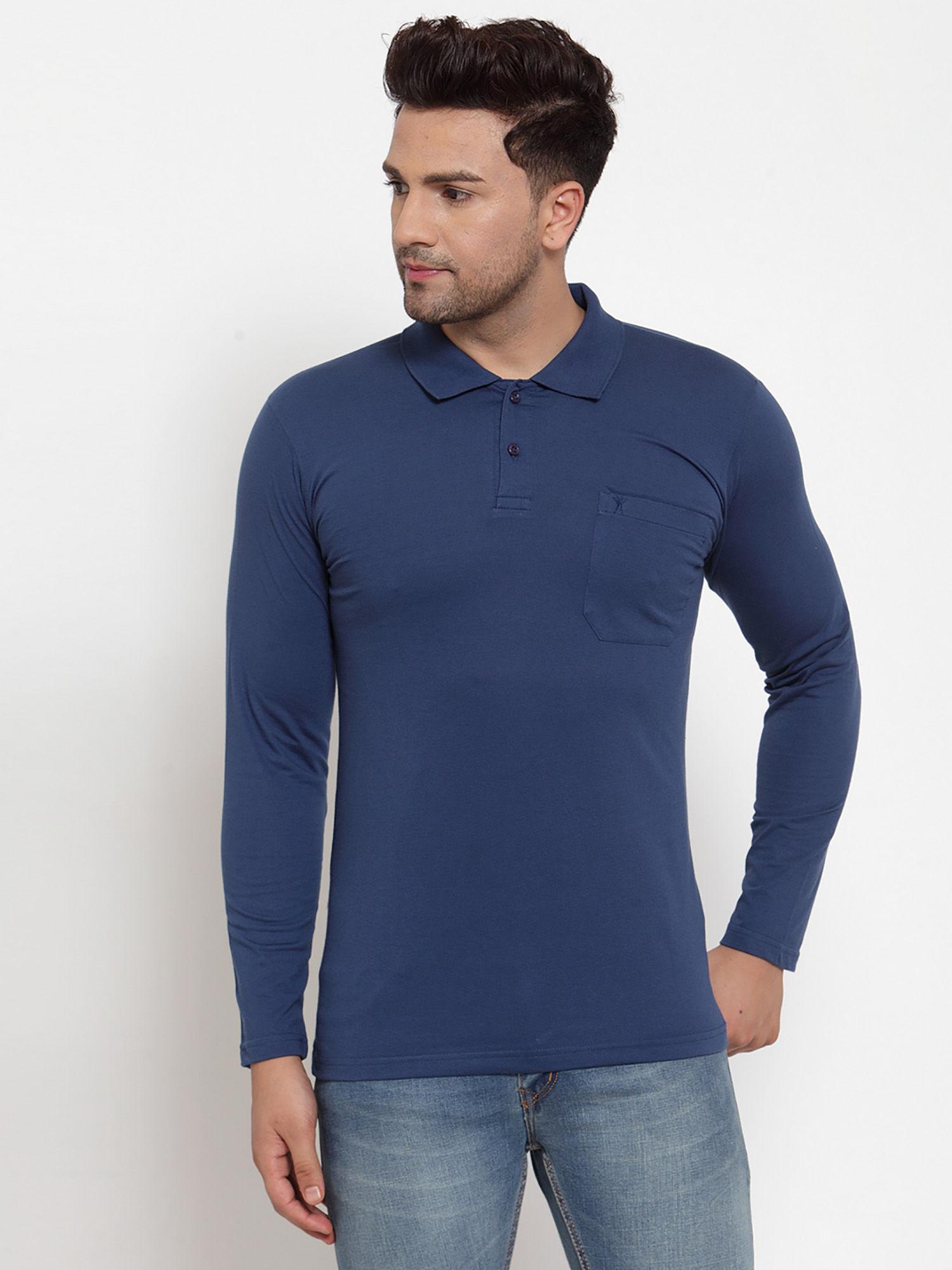 men solid blue polo neck full sleeves polo t-shirt with pocket